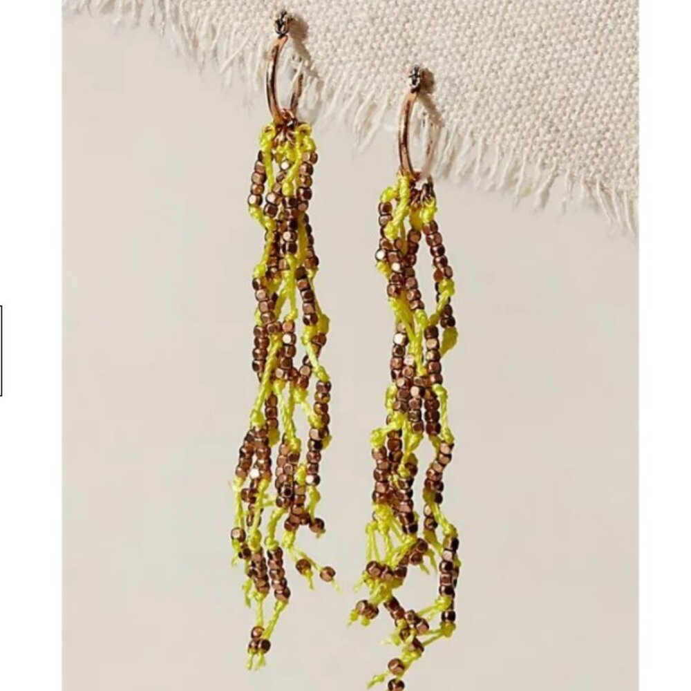 Free People Gold and Yellow Bohemian‎ Fringe Dangle Drop Beadwork Earrings - NEW